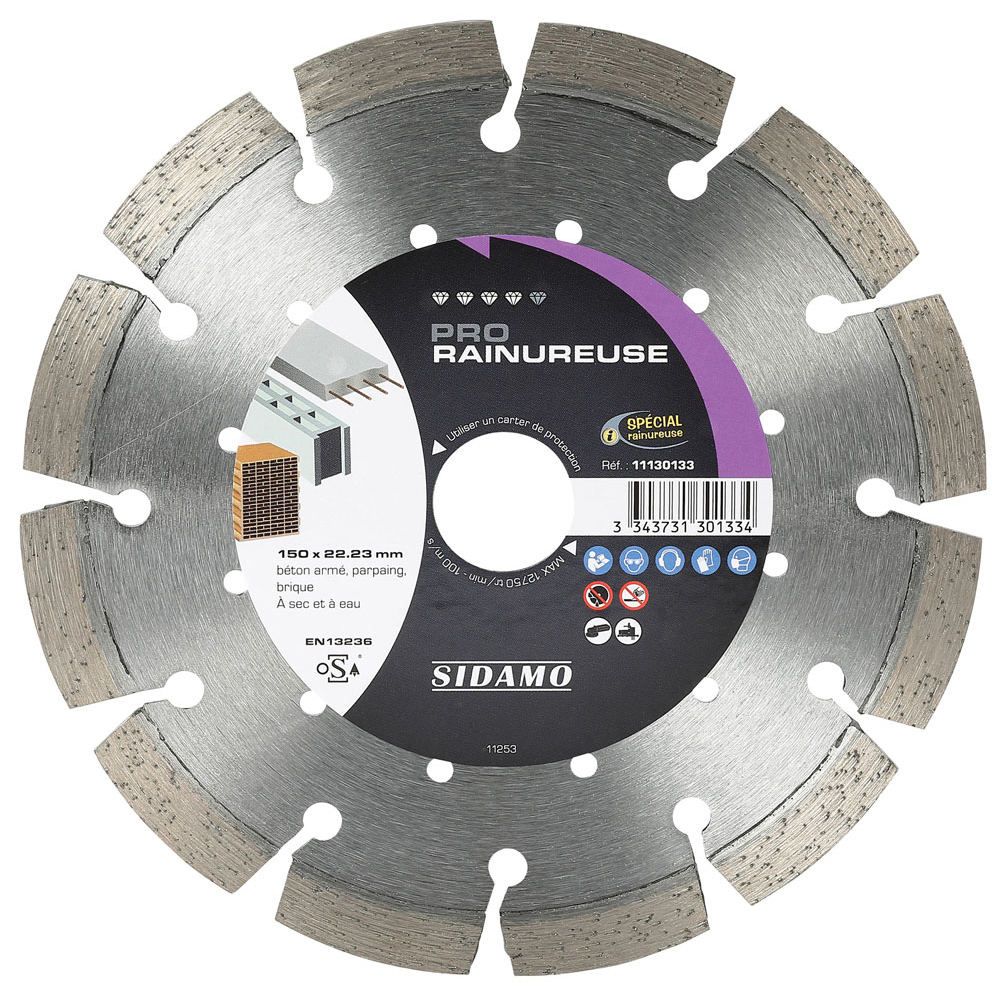 Disque diamant PRO RAINUREUSE pour tronçonnage à sec et à eau de béton armé, parpaing, brique SIDAMO - 11130133