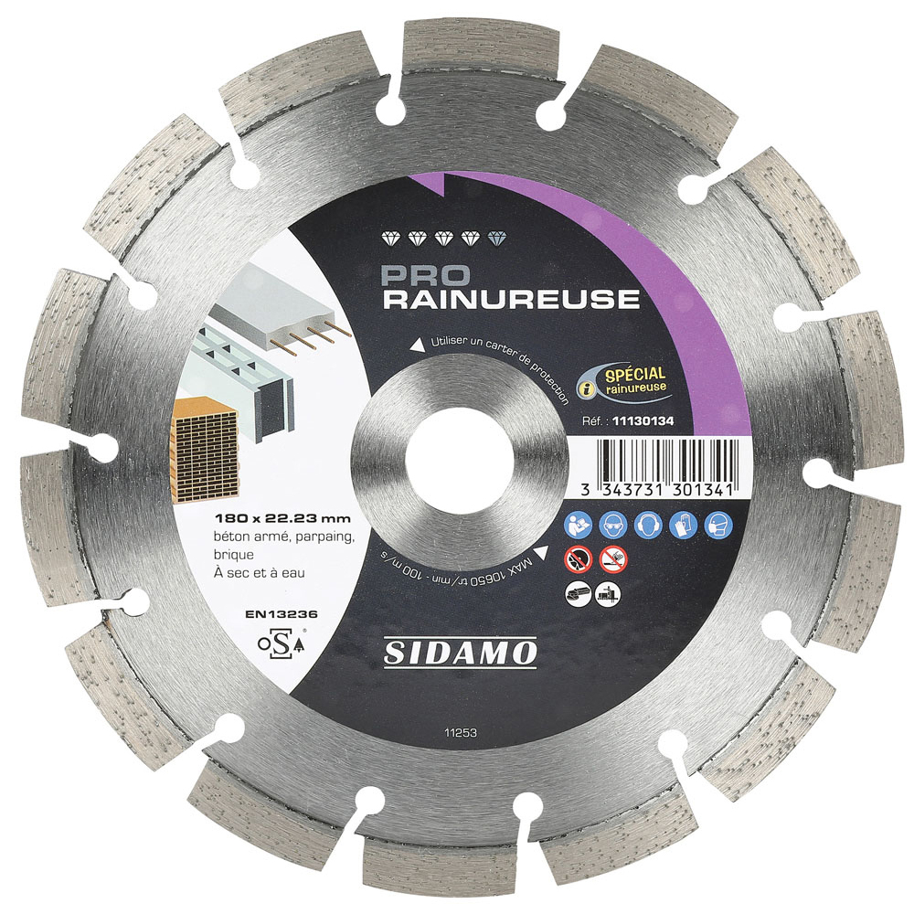 Disque diamant PRO RAINUREUSE pour tronçonnage à sec et à eau de béton armé, parpaing, brique SIDAMO - 11130134