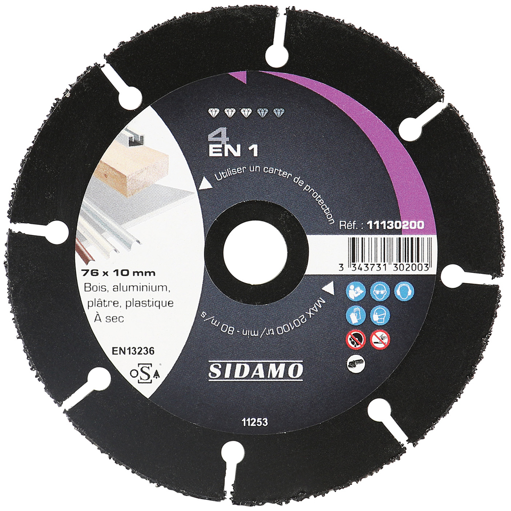 Disque carbure 4 en 1 pour tronçonnage à sec bois, aluminium, tuyau de cuivre, plâtre, plastique SIDAMO - 11130200