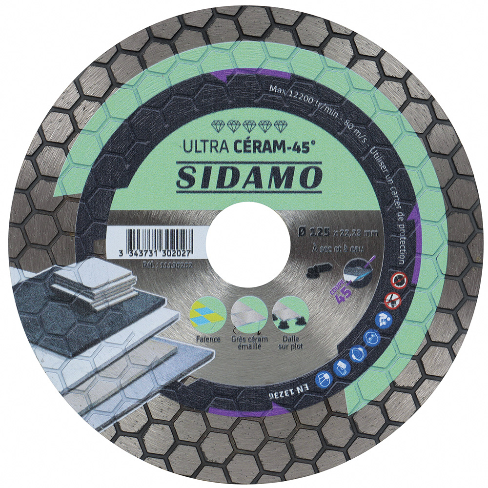 Disque diamant ULTRA CERAM performant pour tronçonnage angle 45° sec et à eau de grès céram SIDAMO - 11130202