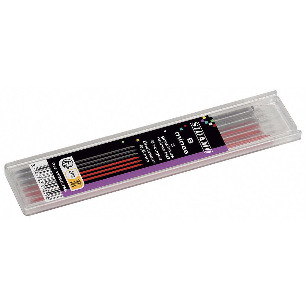 ETUI DE 6 MINES NOIRES ET ROUGES POUR CRAYON PORTE MINES 2,8 MM SIDAMO - 11255359