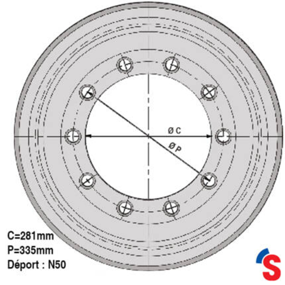 Jante 16.00x22.5 10N50 281x335 A3 5.5/10.4 9006 7250 40km/h - SONAMIA - R000696