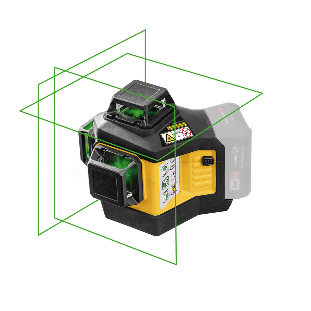 Laser lignes croisées 12 V LAX 600 G de STABILA, autonivelant, 3 lignes laser vertes à 360°, support universel, support mural - 19794