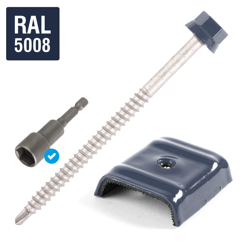 Kit fixation bac acier BLEU RAL5008 sur bois - 100 vis + cavaliers - SCELL-IT - K1COUV100-5008