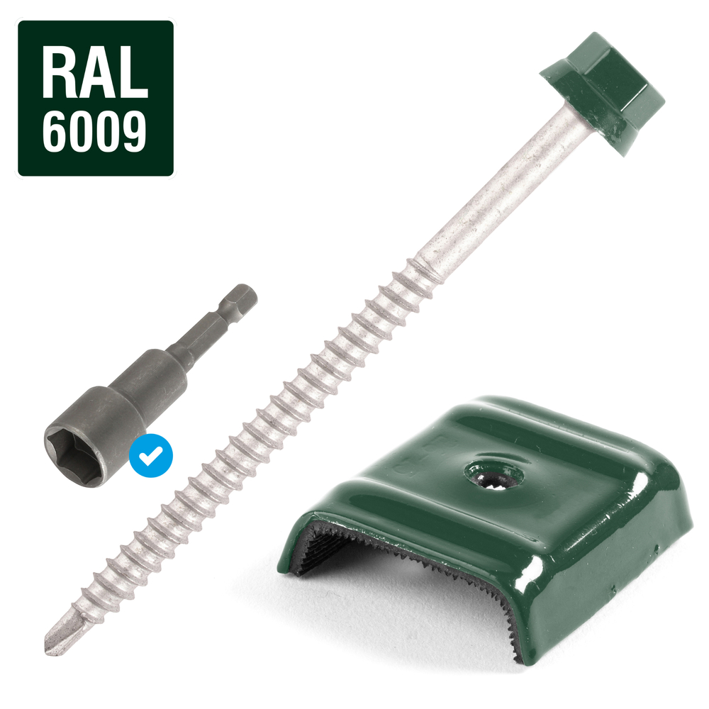 Kit fixation bac acier VERT RAL6009 sur bois - 100 vis + cavaliers - SCELL-IT - K1COUV100-6009