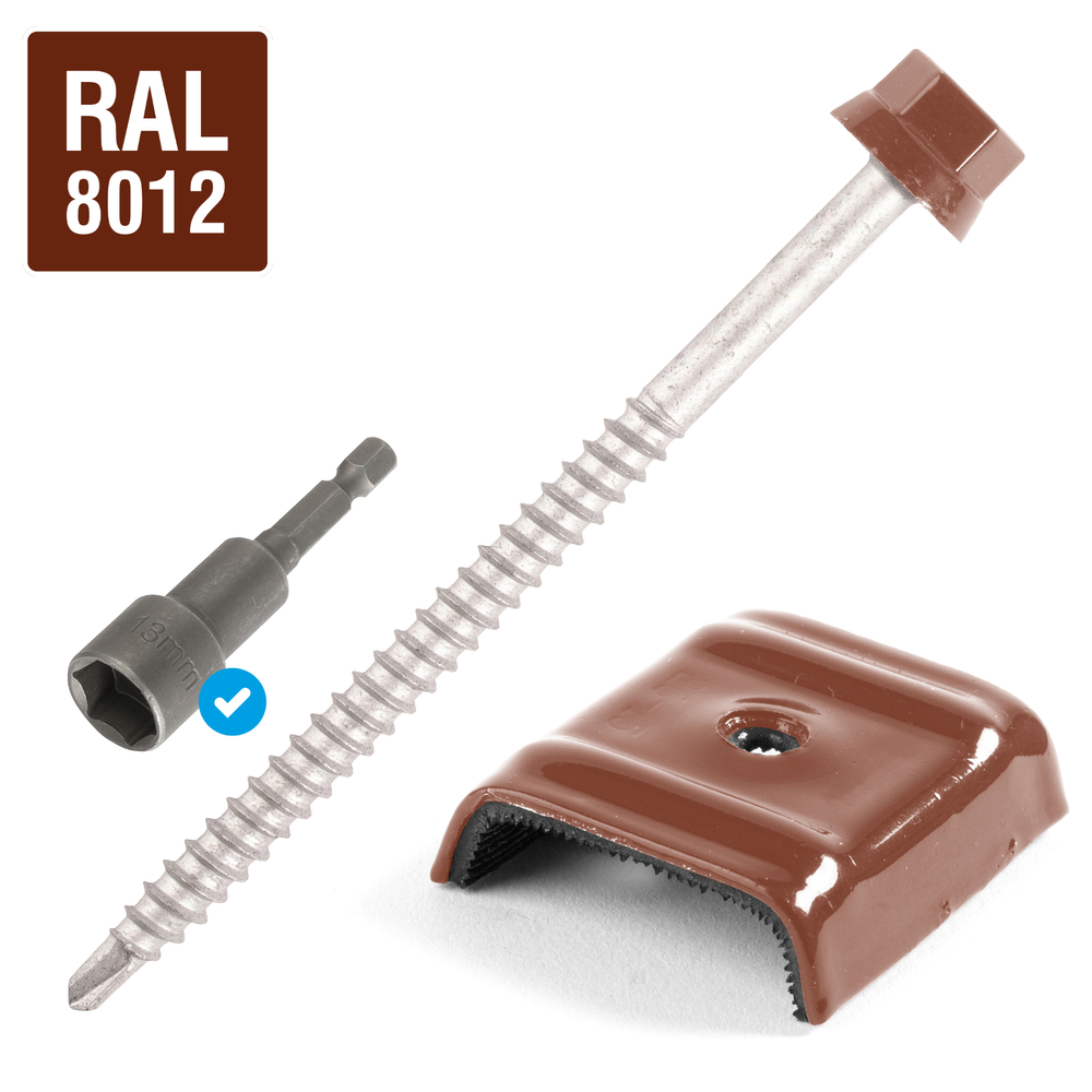 Kit fixation bac acier ROUGE RAL8012 sur bois - 100 vis + cavaliers - SCELL-IT - K1COUV100-8012