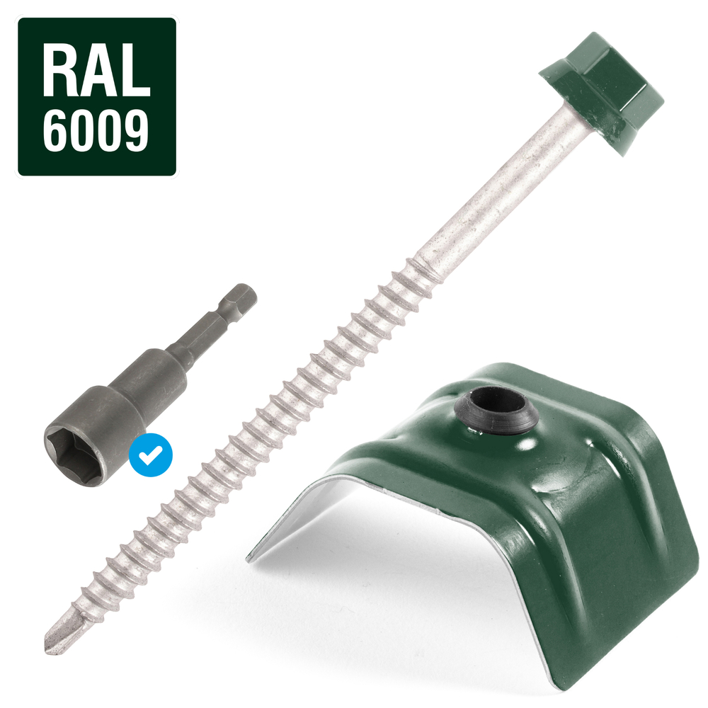 Kit fixation bac acier VERT RAL6009 sur bois - 100 vis + cavaliers - SCELL-IT - K2COUV100-6009