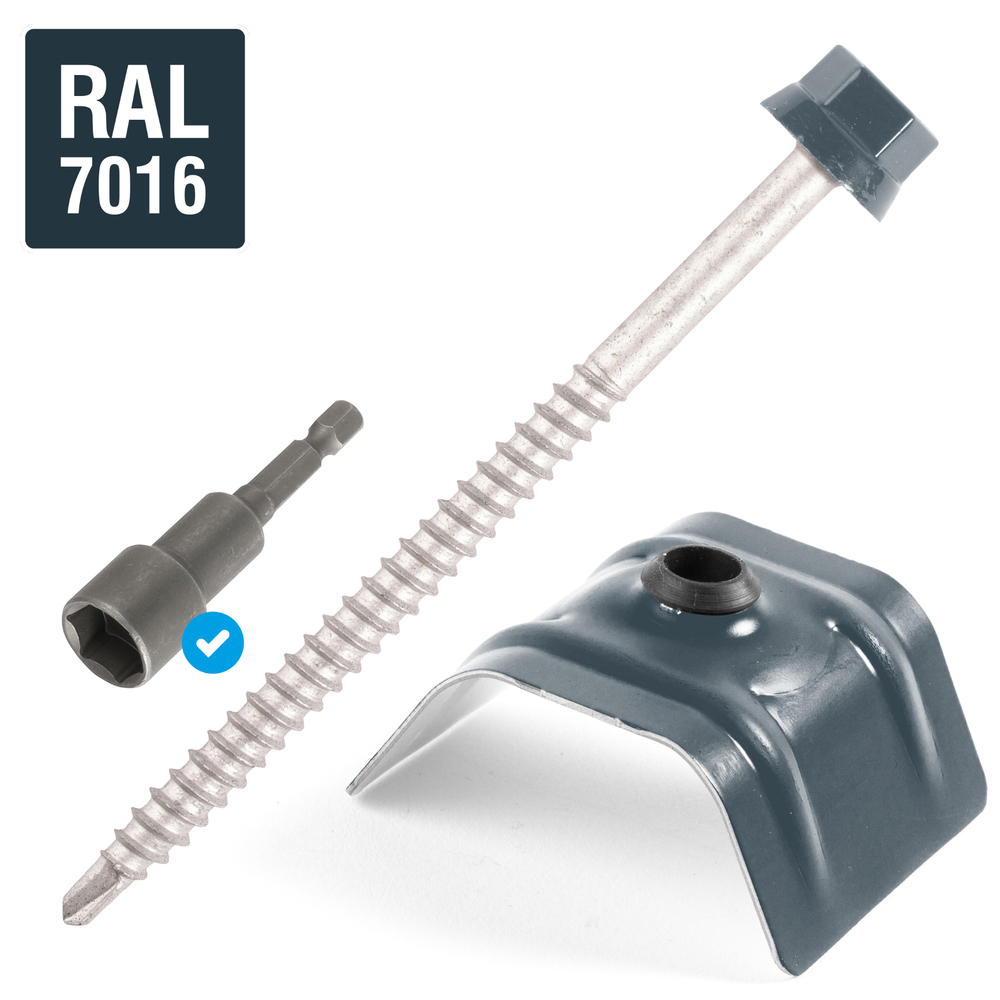 Kit fixation bac acier GRIS RAL7016 sur bois - 100 vis + cavaliers - SCELL-IT - K2COUV100-7016