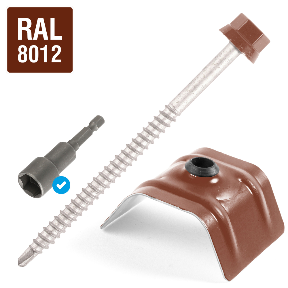 Kit fixation bac acier ROUGE RAL8012 sur bois - 100 vis + cavaliers - SCELL-IT - K2COUV100-8012