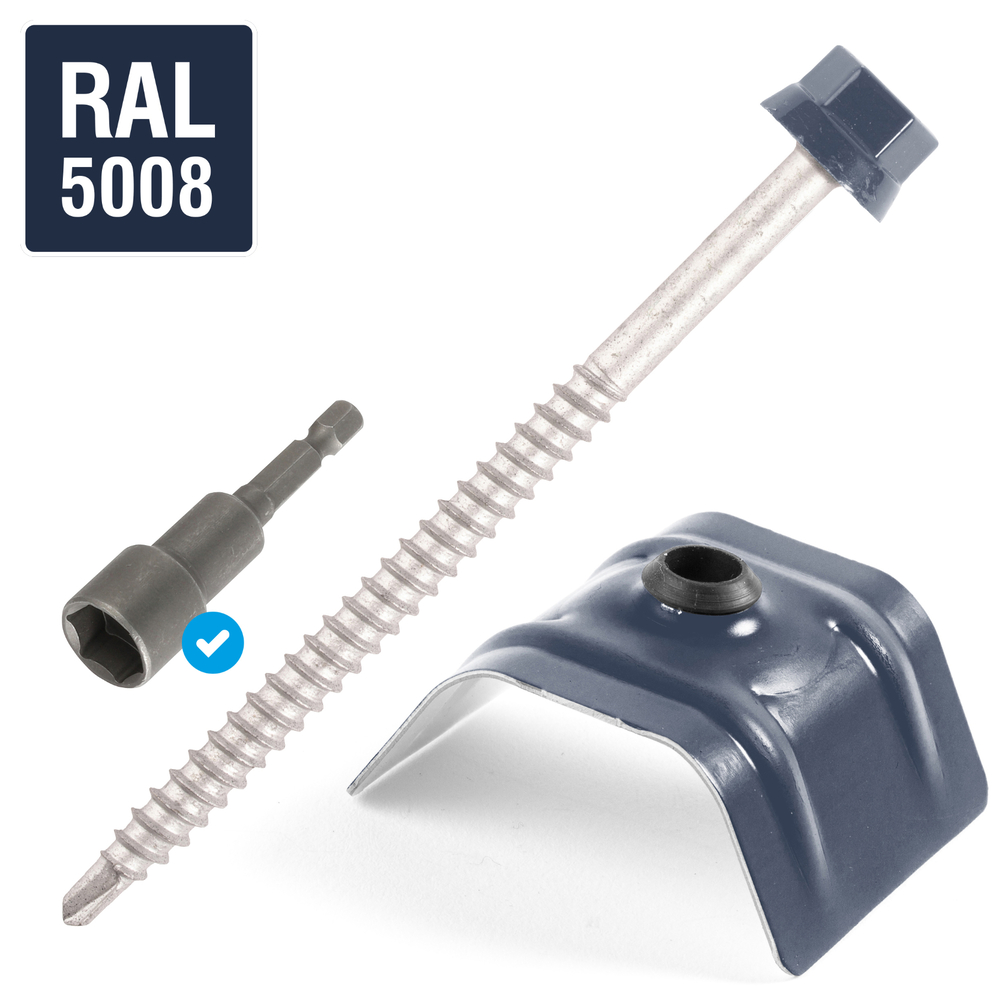 Kit fixation bac acier BLEU RAL5008 sur bois - 25 vis + cavaliers types C - SCELL-IT - K2COUV50-5008
