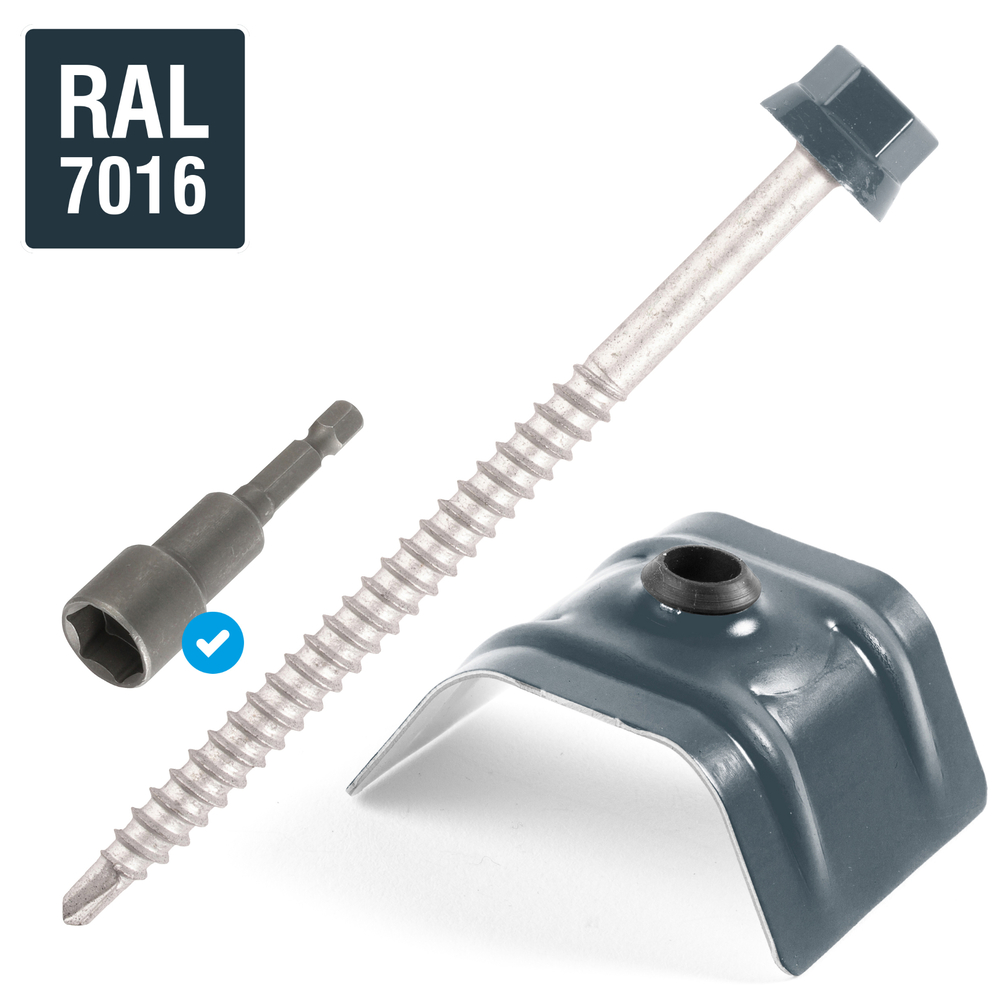 Kit fixation bac acier GRIS RAL7016 sur bois - 25 vis + cavaliers types C - SCELL-IT - K2COUV50-7016