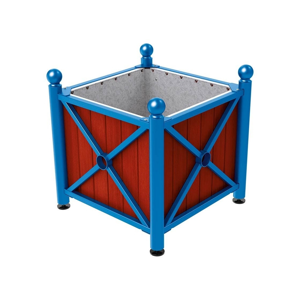 Bac à palmier acier et bois Province Boule RAL5010 - lasuré acajou - 800x800x750 - Intérieur tôle galva - PROCITY - 201552.5010.ACAJ