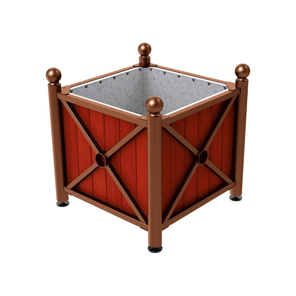 Bac à palmier acier et bois Province Boule Aspect Corten - lasuré acajou - 800x800x750 - Intérieur tôle galva - PROCITY - 201552.S025.ACAJ
