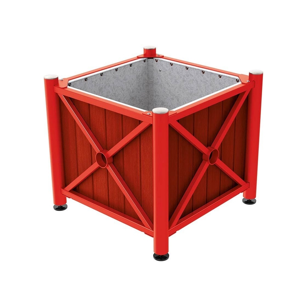 Bac à palmier acier et bois Province Inox brossé RAL3020 - lasuré acajou - 800x800x750 - Intérieur tôle galva - PROCITY - 201559.3020.ACAJ