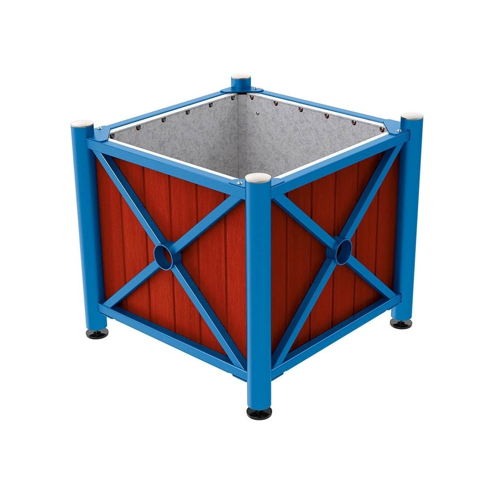 Bac à palmier acier et bois Province Inox brossé RAL5010 - lasuré acajou - 800x800x750 - Intérieur tôle galva - PROCITY - 201559.5010.ACAJ