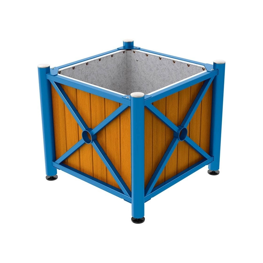 Bac à palmier acier et bois Province Inox brossé RAL5010 - lasuré chêne clair - 800x800x750 - Intérieur tôle galva - PROCITY - 201559.5010.CHEC