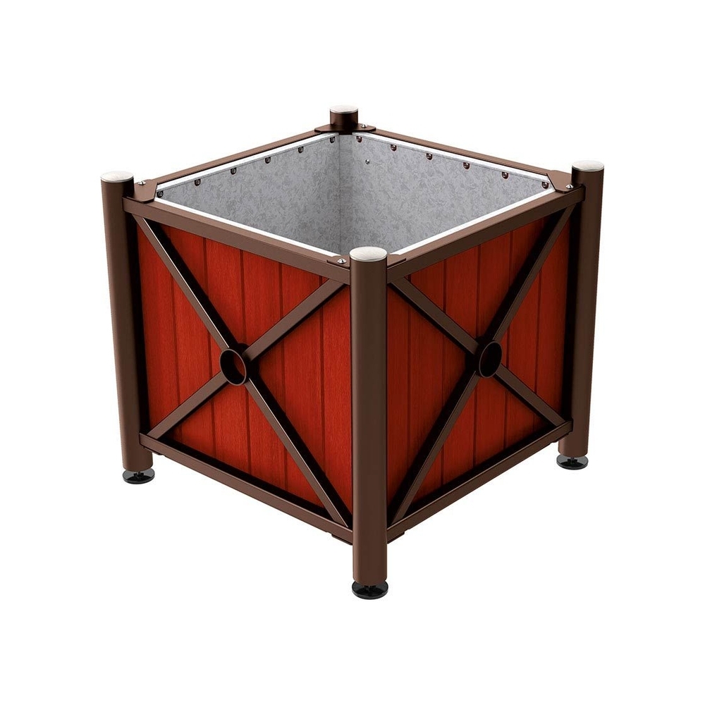 Bac à palmier acier et bois Province Inox brossé RAL8017 - lasuré acajou - 800x800x750 - Intérieur tôle galva - PROCITY - 201559.8017.ACAJ