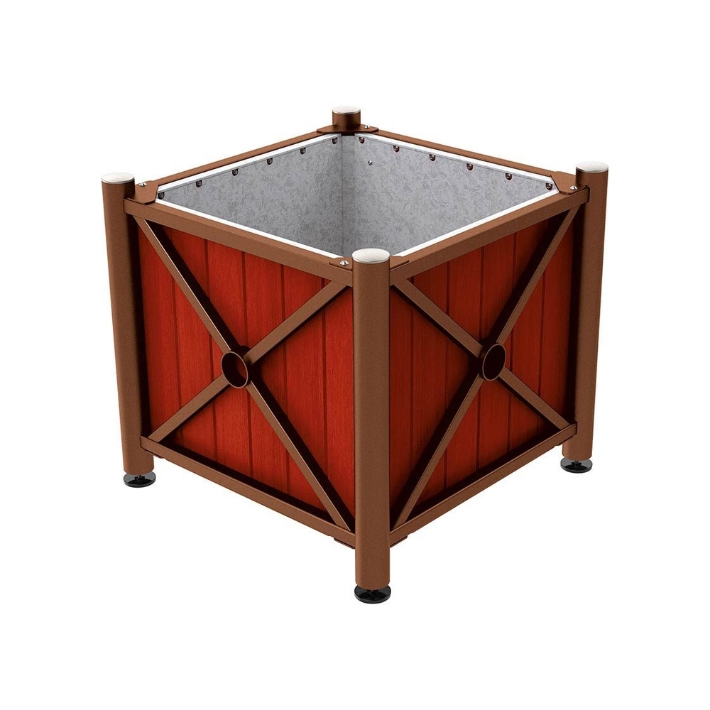 Bac à palmier acier et bois Province Inox brossé Aspect Corten - lasuré acajou - 800x800x750 - Intérieur tôle galva - PROCITY - 201559.S025.ACAJ