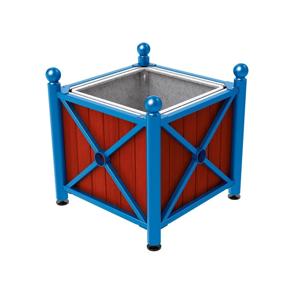 Bac à palmier acier et bois Province Boule RAL5010 - lasuré acajou - 800x800x750 - Bac acier amovible anneaux inclus - PROCITY - 201562.5010.ACAJ