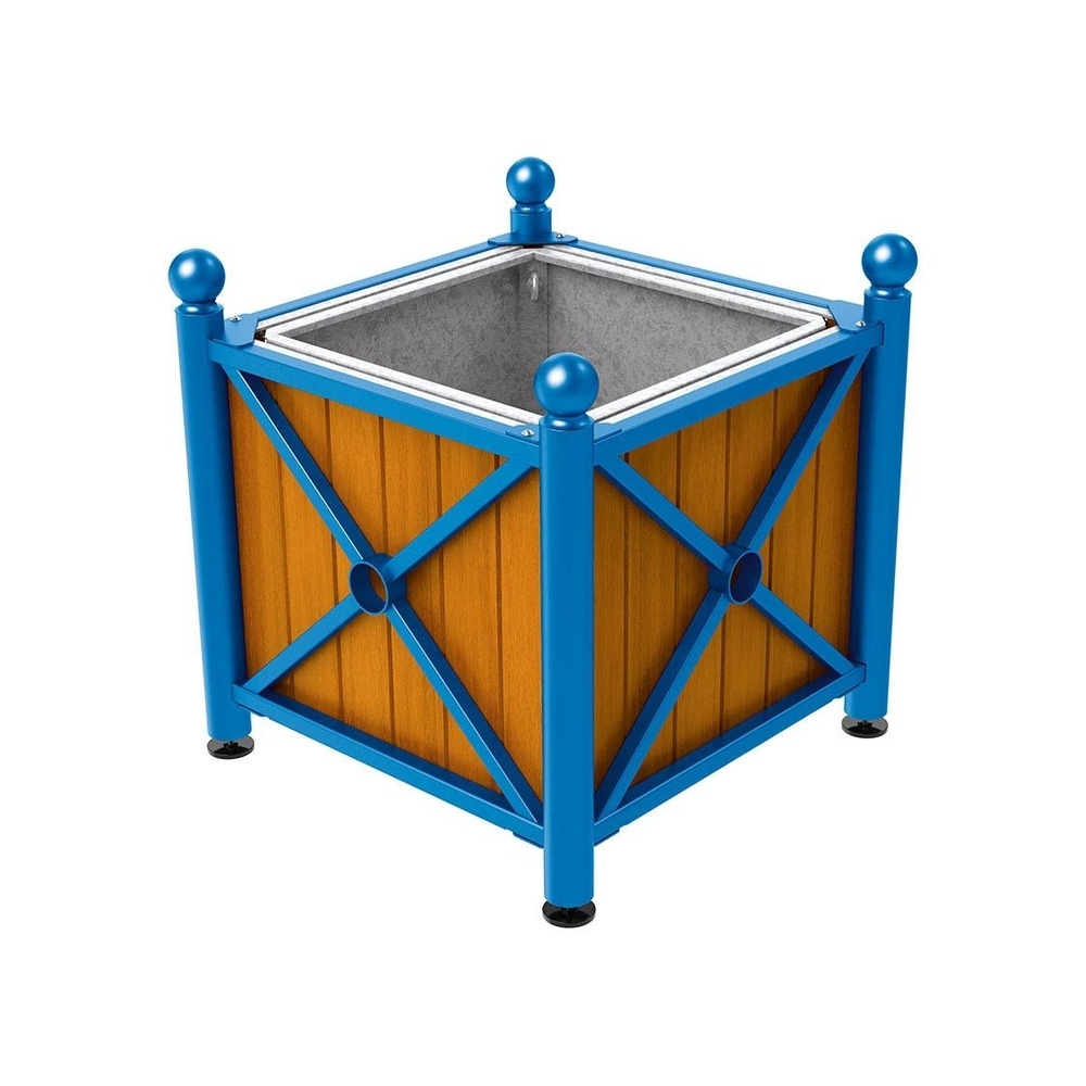 Bac à palmier acier et bois Province Boule RAL5010 - lasuré chêne clair - 800x800x750 - Bac acier amovible anneaux inclus - PROCITY - 201562.5010.CHEC