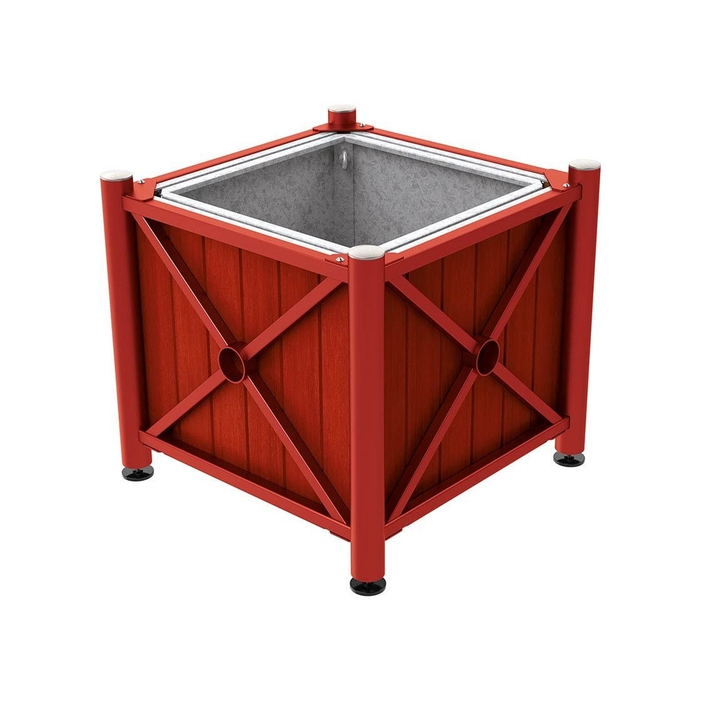 Bac à palmier acier et bois Province Inox brossé RAL3004 - lasuré acajou - 800x800x750 - Bac acier amovible anneaux inclus - PROCITY - 201569.3004.ACAJ