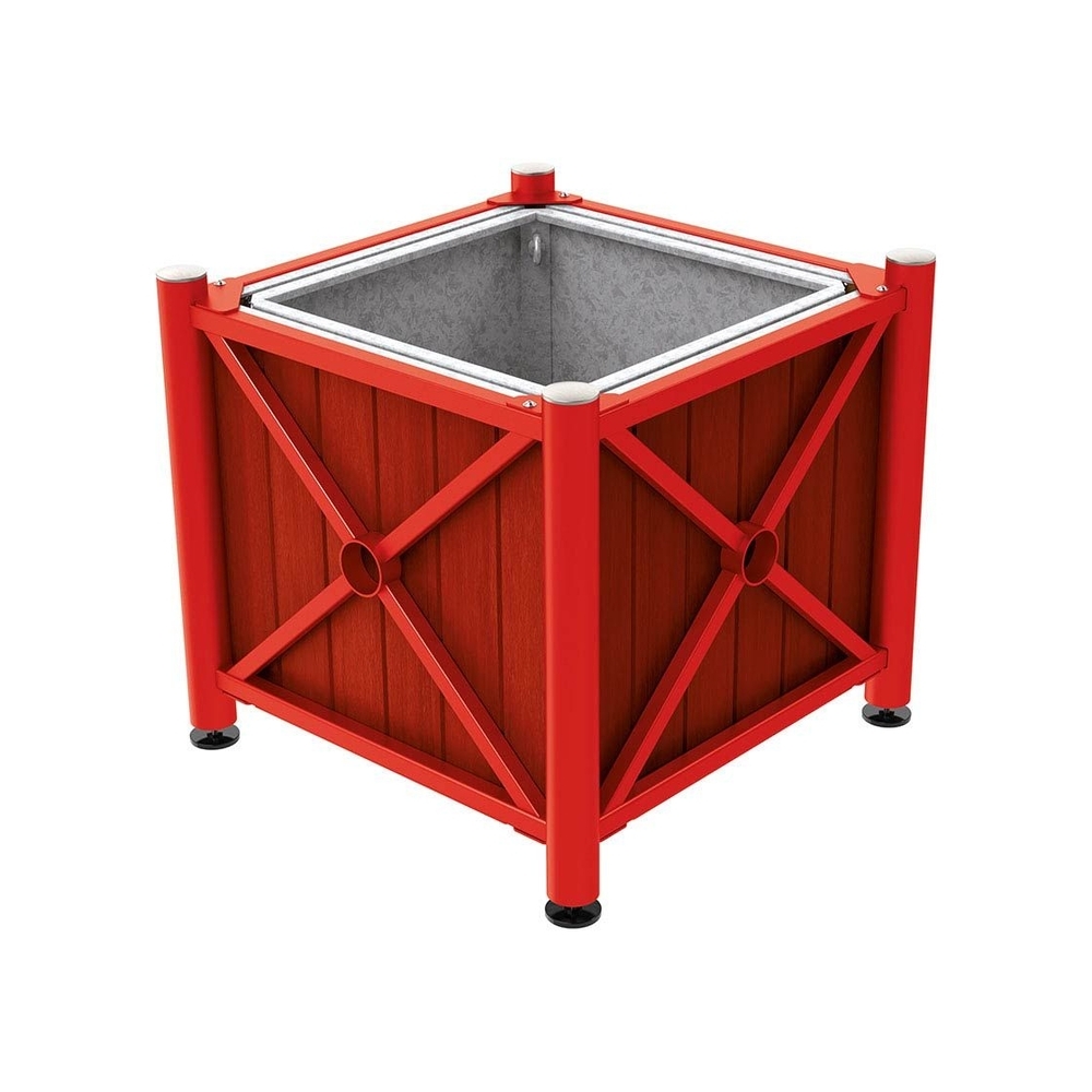 Bac à palmier acier et bois Province Inox brossé RAL3020 - lasuré acajou - 800x800x750 - Bac acier amovible anneaux inclus - PROCITY - 201569.3020.ACAJ