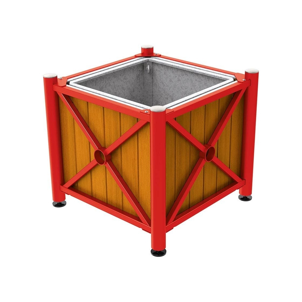 Bac à palmier acier et bois Province Inox brossé RAL3020 - lasuré chêne clair - 800x800x750 - Bac acier amovible anneaux inclus - PROCITY - 201569.3020.CHEC