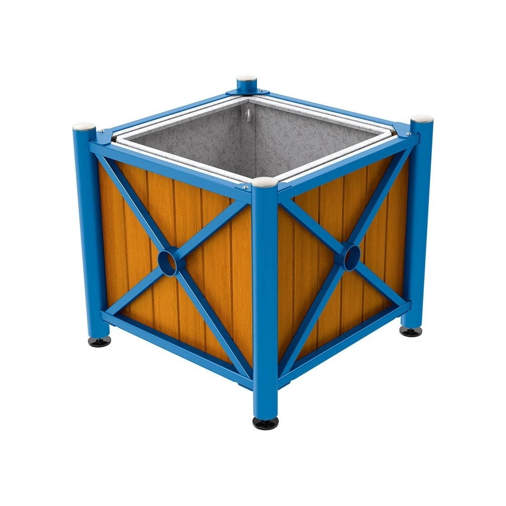 Bac à palmier acier et bois Province Inox brossé RAL5010 - lasuré chêne clair - 800x800x750 - Bac acier amovible anneaux inclus - PROCITY - 201569.5010.CHEC