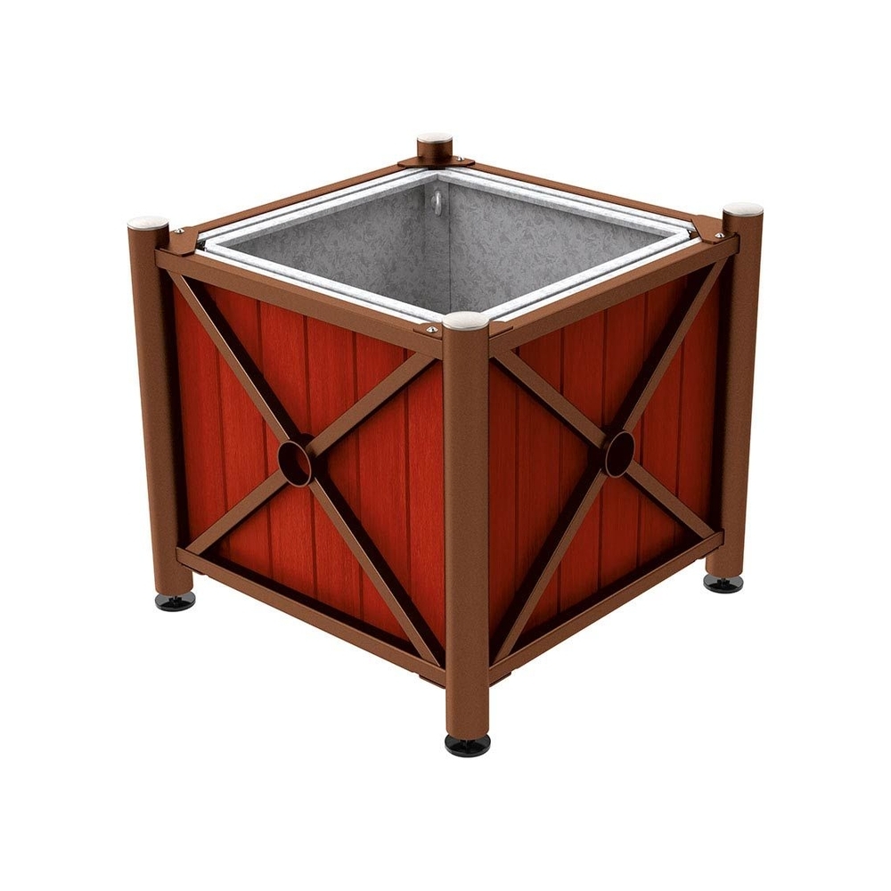 Bac à palmier acier et bois Province Inox brossé Aspect Corten - lasuré acajou - 800x800x750 - Bac acier amovible anneaux inclus - PROCITY - 201569.S025.ACAJ