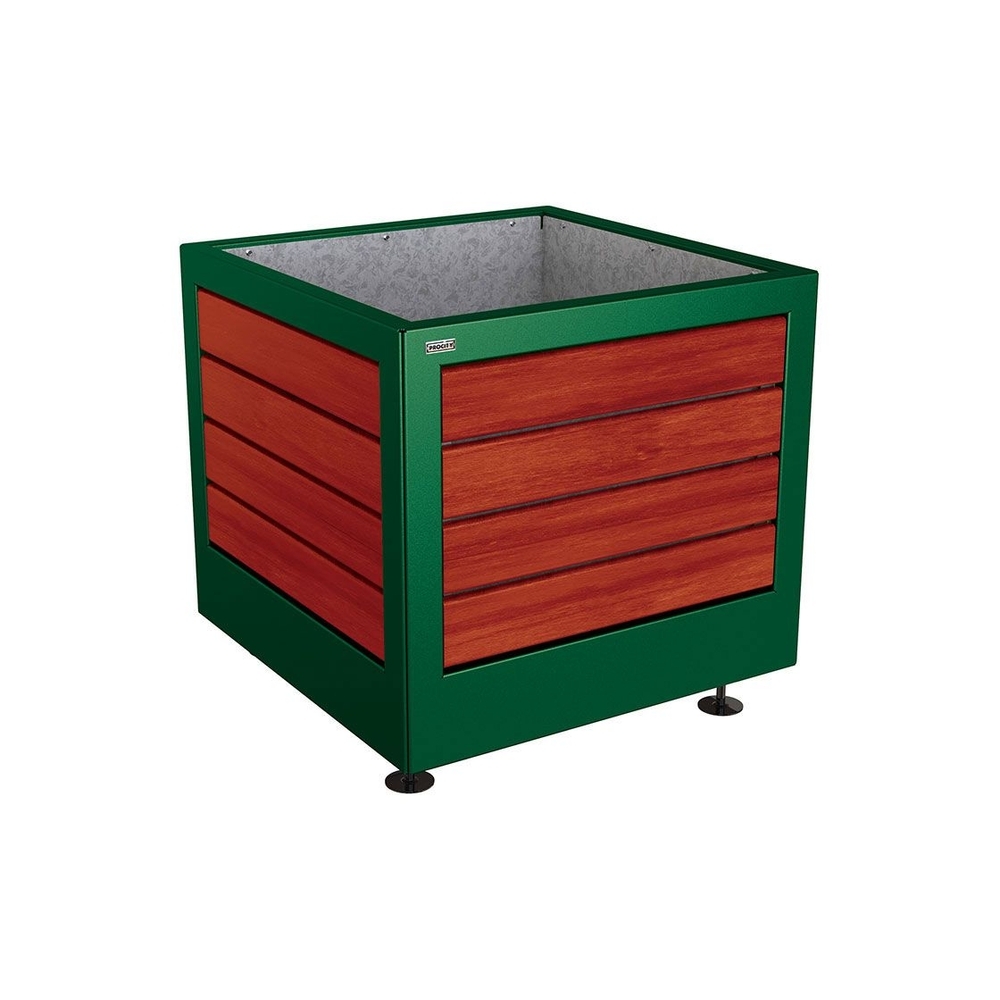 Bac à palmier Silaos acier et bois RAL6005 - Chêne lasuré acajou - 800x800x700 - Intérieur tôle galva - PROCITY - 201730.6005.ACAJ