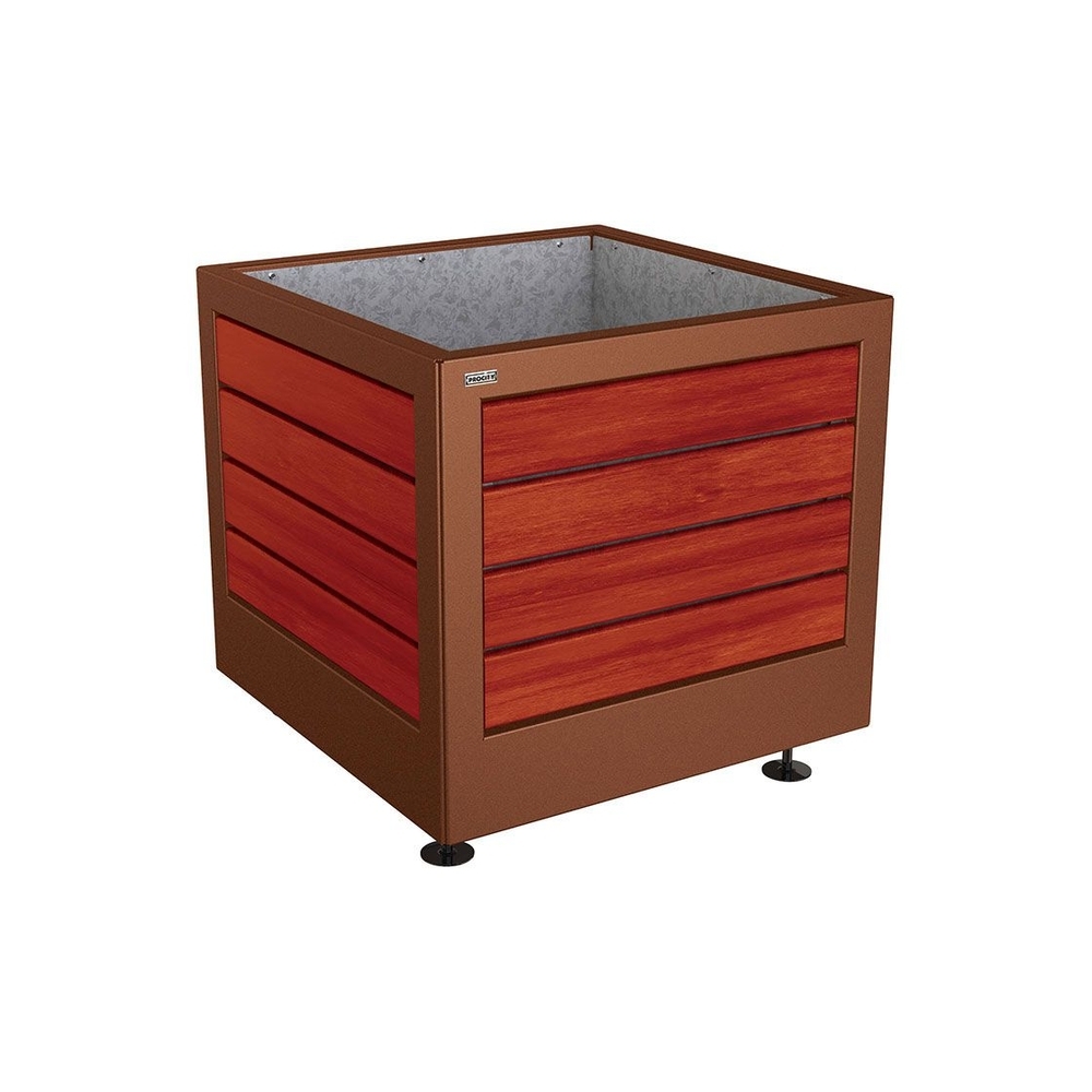 Bac à palmier Silaos acier et bois Aspect Corten - Chêne lasuré acajou - 800x800x700 - Intérieur tôle galva - PROCITY - 201730.S025.ACAJ