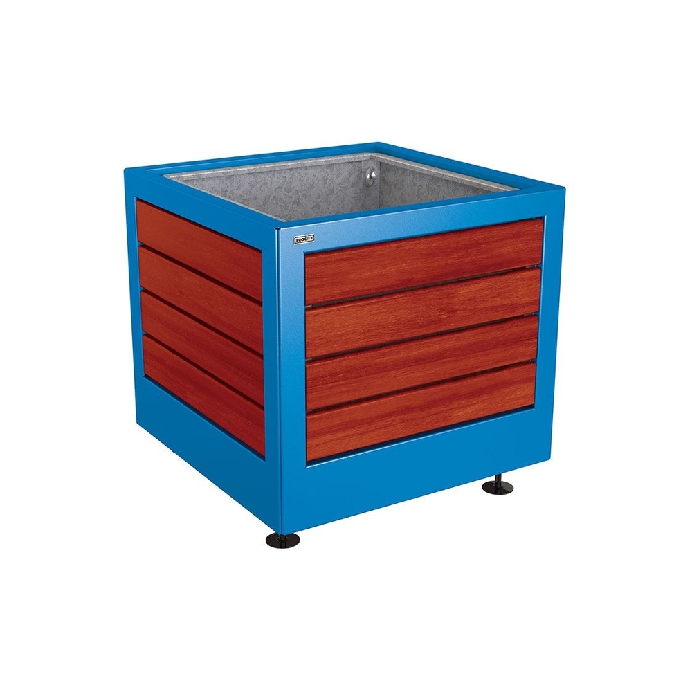 Bac à palmier Silaos acier et bois RAL5010 - Chêne lasuré acajou - 800x800x700 - Bac acier amovible anneaux inclus - PROCITY - 201731.5010.ACAJ