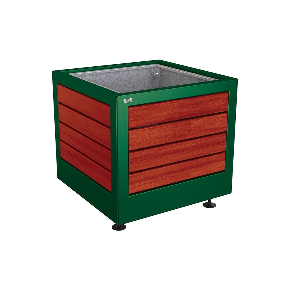 Bac à palmier Silaos acier et bois RAL6005 - Chêne lasuré acajou - 800x800x700 - Bac acier amovible anneaux inclus - PROCITY - 201731.6005.ACAJ