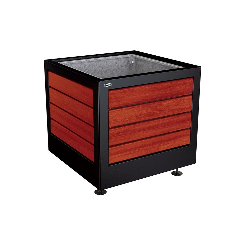 Bac à palmier Silaos acier et bois RAL9005 - Chêne lasuré acajou - 800x800x700 - Bac acier amovible anneaux inclus - PROCITY - 201731.9005.ACAJ