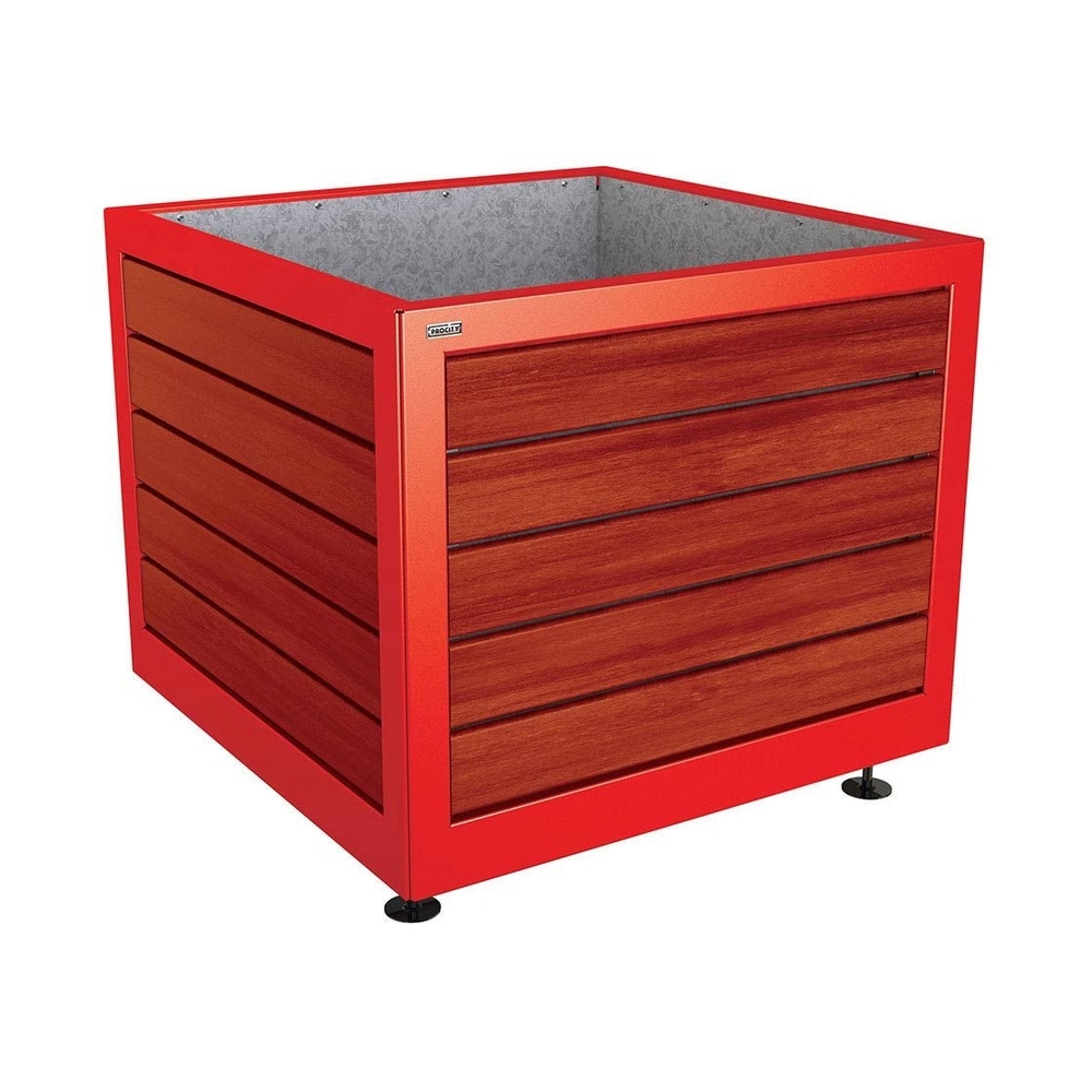 Bac à palmier Silaos acier et bois RAL3020 - Chêne lasuré acajou - 1000x1000x800 - Intérieur tôle galva - PROCITY - 201732.3020.ACAJ