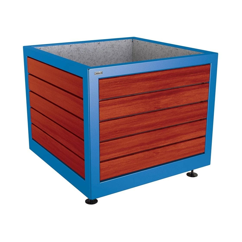 Bac à palmier Silaos acier et bois RAL5010 - Chêne lasuré acajou - 1000x1000x800 - Intérieur tôle galva - PROCITY - 201732.5010.ACAJ