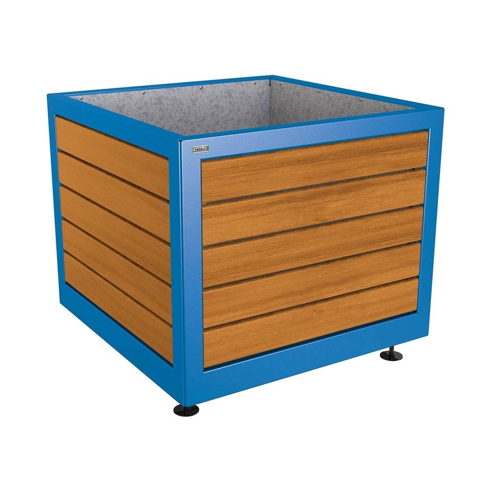 Bac à palmier Silaos acier et bois RAL5010 - Chêne lasuré chêne clair - 1000x1000x800 - Intérieur tôle galva - PROCITY - 201732.5010.CHEC