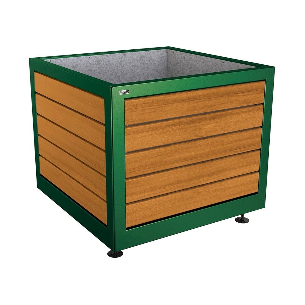 Bac à palmier Silaos acier et bois RAL6005 - Chêne lasuré chêne clair - 1000x1000x800 - Intérieur tôle galva - PROCITY - 201732.6005.CHEC
