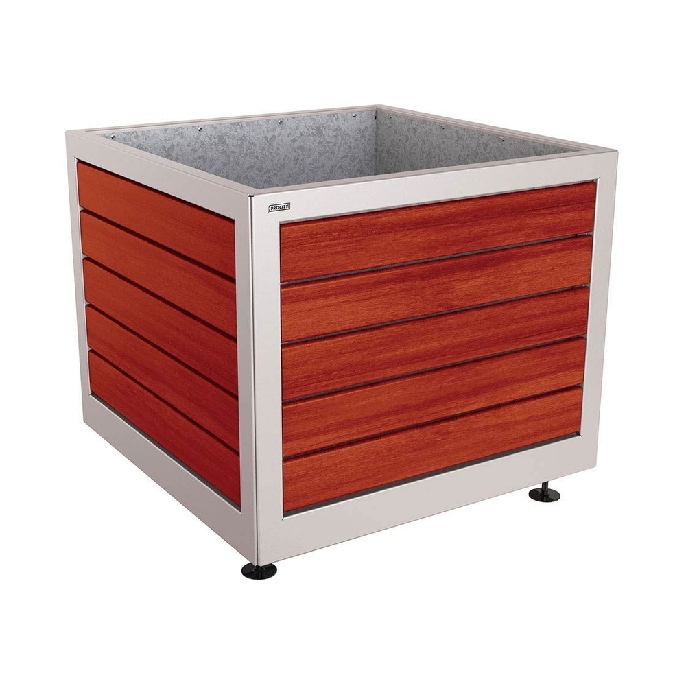 Bac à palmier Silaos acier et bois RAL7044 - Chêne lasuré acajou - 1000x1000x800 - Intérieur tôle galva - PROCITY - 201732.7044.ACAJ