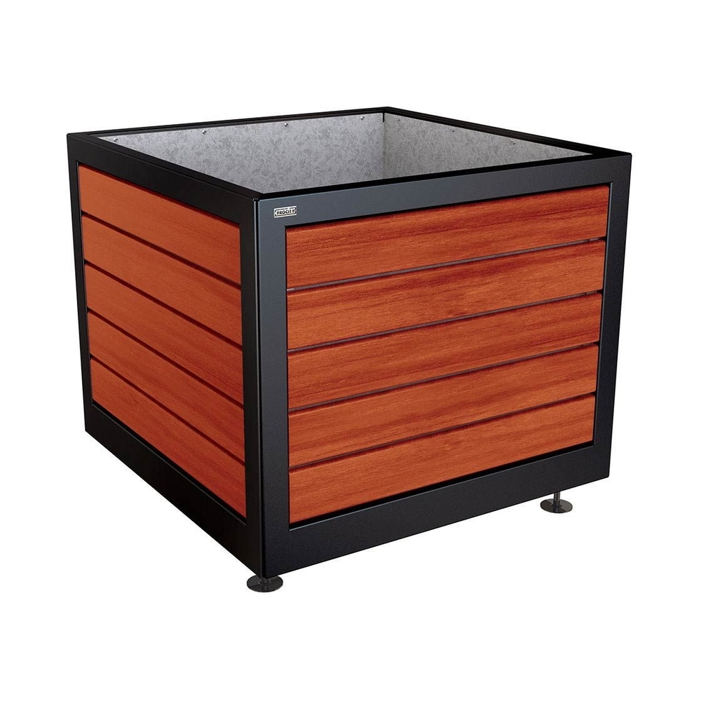 Bac à palmier Silaos acier et bois RAL9005 - Chêne lasuré acajou - 1000x1000x800 - Intérieur tôle galva - PROCITY - 201732.9005.ACAJ