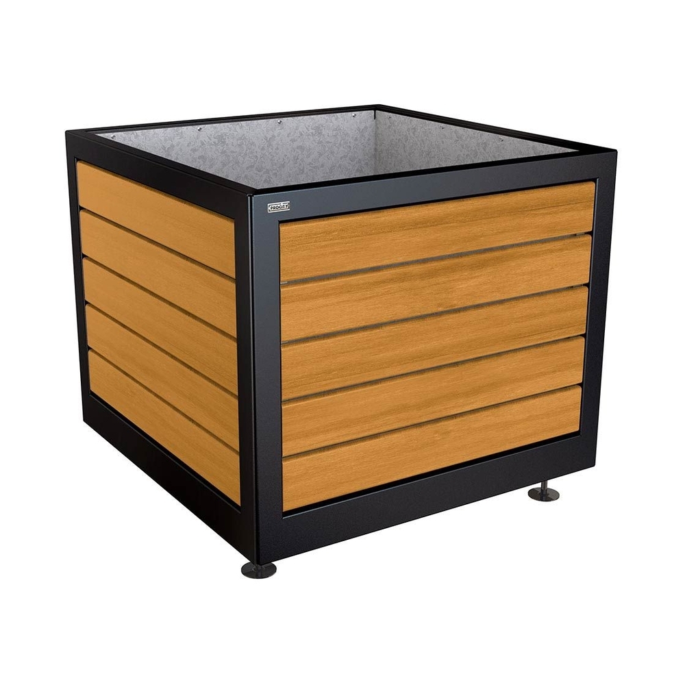 Bac à palmier Silaos acier et bois RAL9005 - Chêne lasuré chêne clair - 1000x1000x800 - Intérieur tôle galva - PROCITY - 201732.9005.CHEC