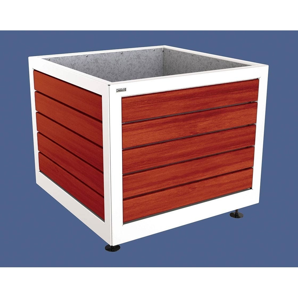 Bac à palmier Silaos acier et bois RAL9010 - Chêne lasuré acajou - 1000x1000x800 - Intérieur tôle galva - PROCITY - 201732.9010.ACAJ