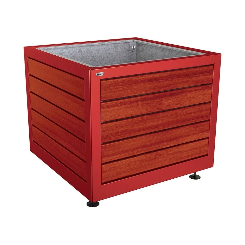 Bac à palmier Silaos acier et bois RAL3004 - Chêne lasuré acajou - 1000x1000x800 - Bac acier amovible anneaux inclus - PROCITY - 201733.3004.ACAJ