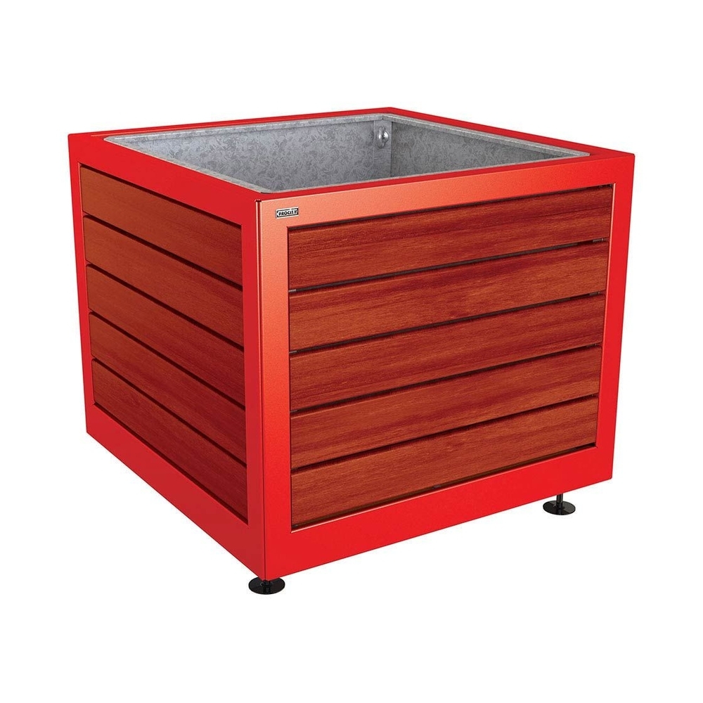 Bac à palmier Silaos acier et bois RAL3020 - Chêne lasuré acajou - 1000x1000x800 - Bac acier amovible anneaux inclus - PROCITY - 201733.3020.ACAJ