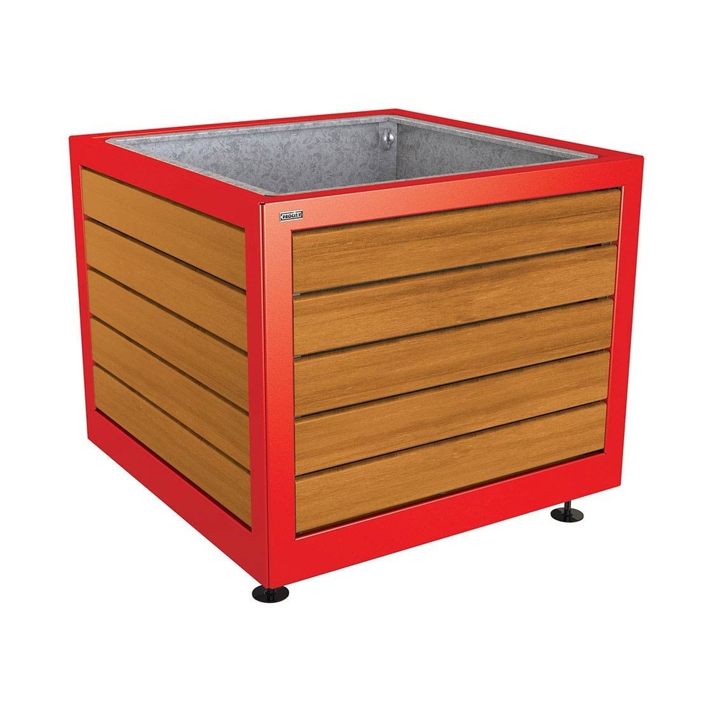 Bac à palmier Silaos acier et bois RAL3020 - Chêne lasuré chêne clair - 1000x1000x800 - Bac acier amovible anneaux inclus - PROCITY - 201733.3020.CHEC