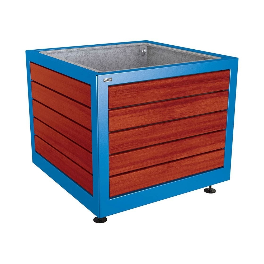 Bac à palmier Silaos acier et bois RAL5010 - Chêne lasuré acajou - 1000x1000x800 - Bac acier amovible anneaux inclus - PROCITY - 201733.5010.ACAJ