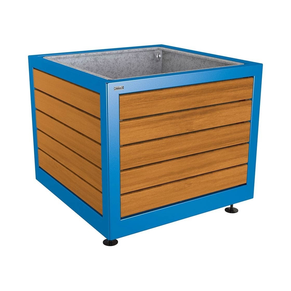 Bac à palmier Silaos acier et bois RAL5010 - Chêne lasuré chêne clair - 1000x1000x800 - Bac acier amovible anneaux inclus - PROCITY - 201733.5010.CHEC