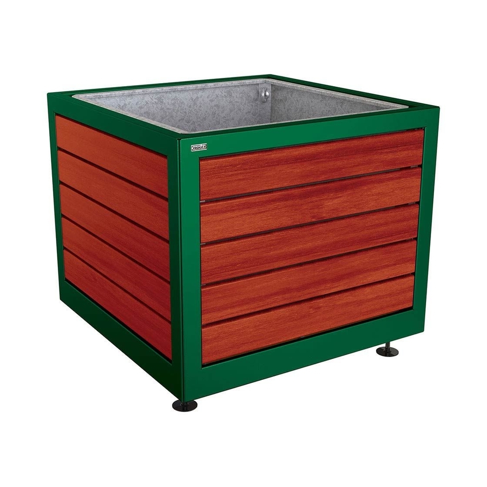 Bac à palmier Silaos acier et bois RAL6005 - Chêne lasuré acajou - 1000x1000x800 - Bac acier amovible anneaux inclus - PROCITY - 201733.6005.ACAJ