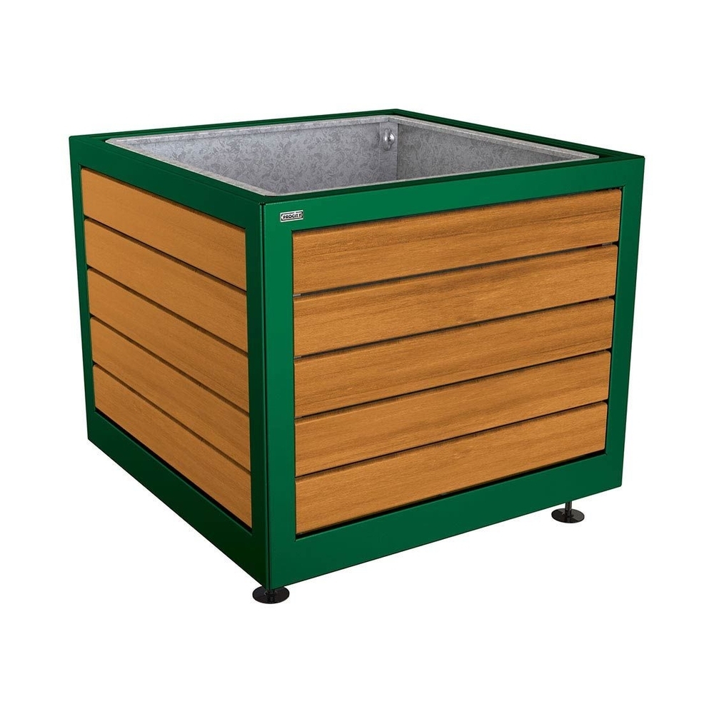 Bac à palmier Silaos acier et bois RAL6005 - Chêne lasuré chêne clair - 1000x1000x800 - Bac acier amovible anneaux inclus - PROCITY - 201733.6005.CHEC