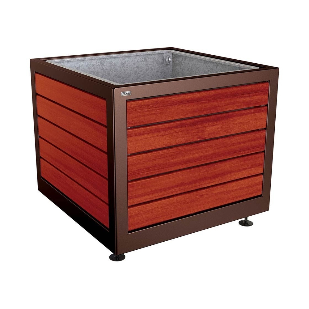 Bac à palmier Silaos acier et bois RAL8017 - Chêne lasuré acajou - 1000x1000x800 - Bac acier amovible anneaux inclus - PROCITY - 201733.8017.ACAJ